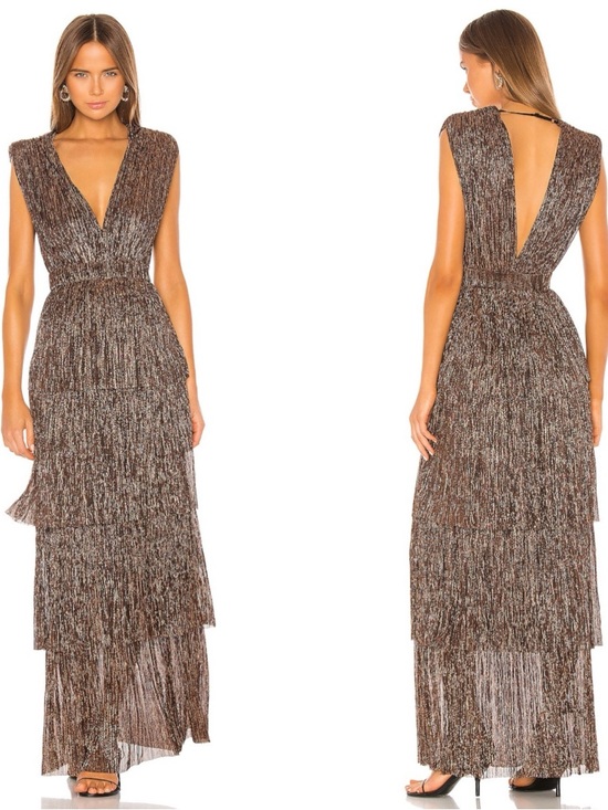 Sabina Musayev Dresses & Skirts - SABINA MUSAYEV Skylar Pleated Metallic Tiered Deep V Brown Maxi Dress Size XS